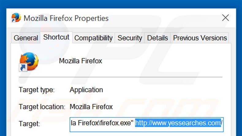 Verwijder yessearches.com als doel van de Mozilla Firefox snelkoppeling stap 2