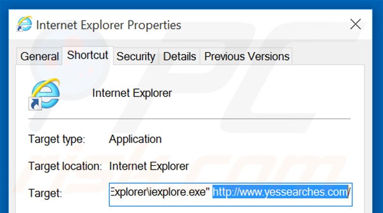 Verwijder yessearches.com als doel van de Internet Explorer snelkoppeling stap 2