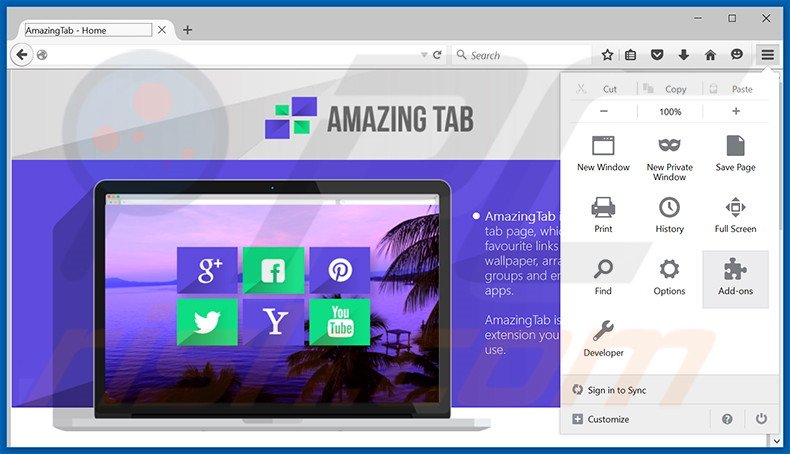 Verwijder de AmazingTab advertenties uit Mozilla Firefox stap 1