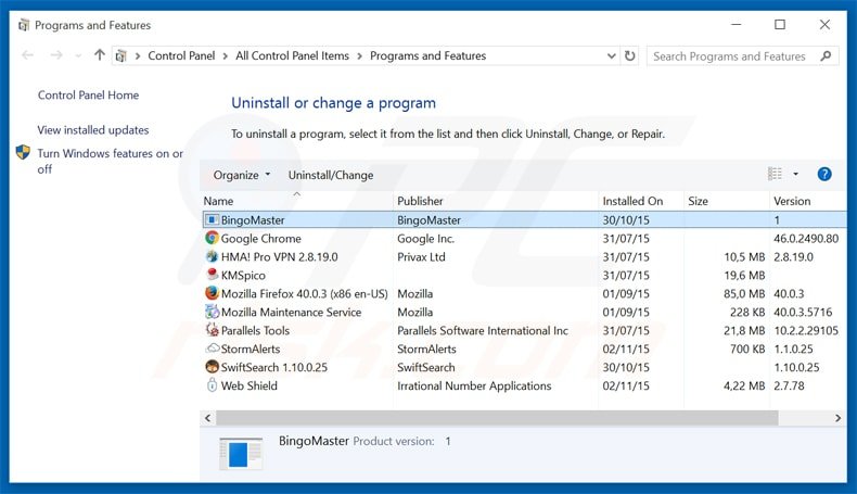 bingomaster adware verwijdering via het Controle Paneel