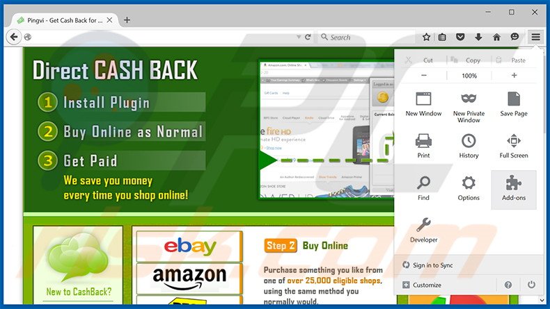 Verwijder de CashBack advertenties uit Mozilla Firefox stap 1