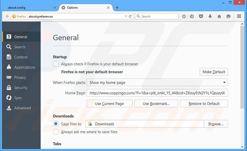 Verwijder coppingo.com als startpagina in Mozilla Firefox