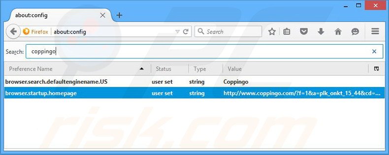 Verwijder coppingo.com als standaard zoekmachine in Mozilla Firefox