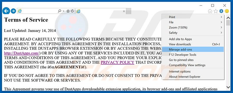 Verwijder de DustApps advertenties uit Internet Explorer stap 1
