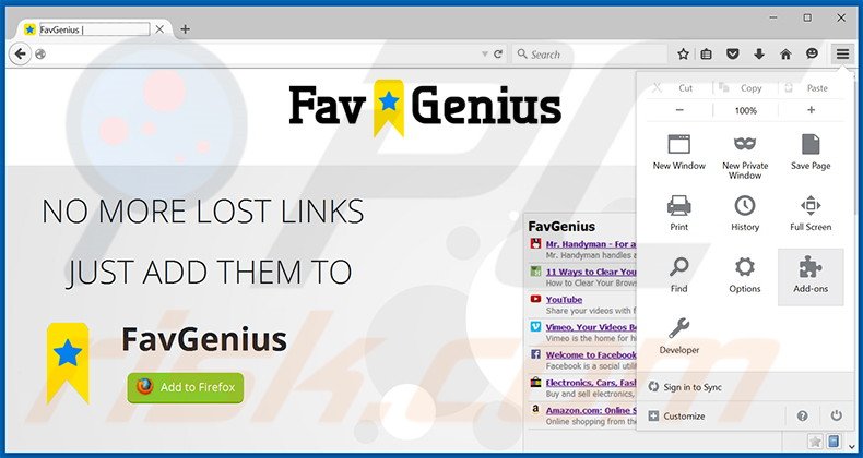 Verwijder de FavGenius advertenties uit Mozilla Firefox stap 1