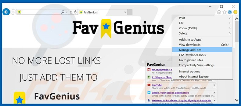 Verwijder FavGenius advertenties uit Internet Explorer stap 1