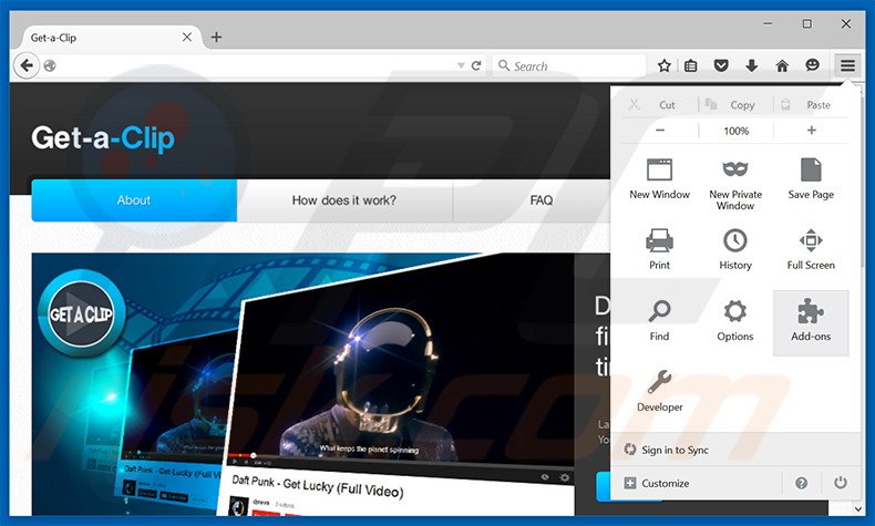 Verwijder de Get-a-Clip advertenties uit Mozilla Firefox stap 1