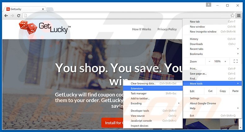 Verwijder de GetLucky advertenties uit Google Chrome stap 1