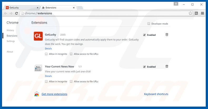 Verwijder de GetLucky advertenties uit Google Chrome stap 2