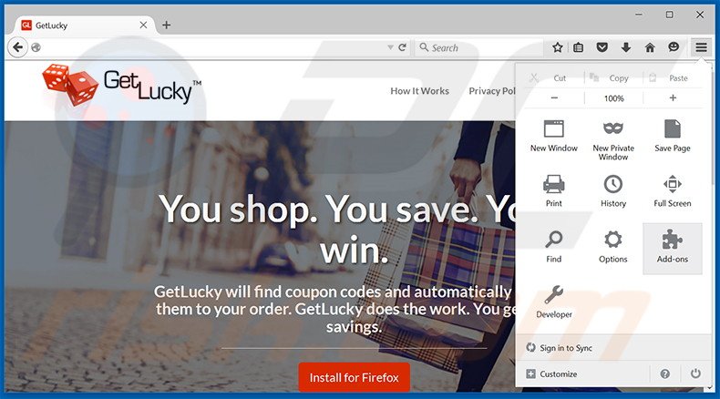 Verwijder de GetLucky advertenties uit Mozilla Firefox stap 1