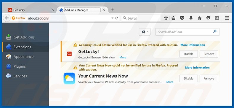 Verwijder de GetLucky advertenties uit Mozilla Firefox stap 2