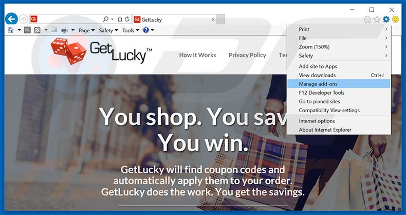 Verwijder de GetLucky advertenties uit Internet Explorer stap 1