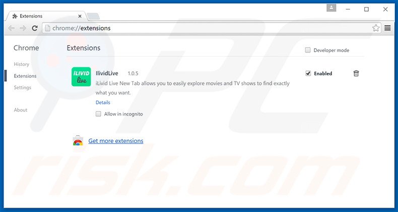 Verwijder aan ilividlive.com gerelateerde Google Chrome extensies