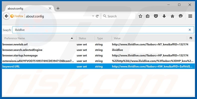 Verwijder ilividlive.com als standaard zoekmachine in Mozilla Firefox