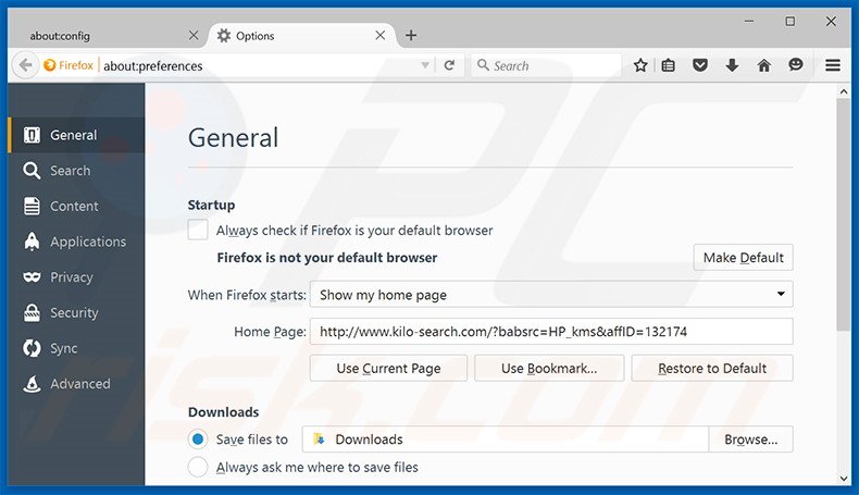 Verwijder kilo-search.com als startpagina in Mozilla Firefox