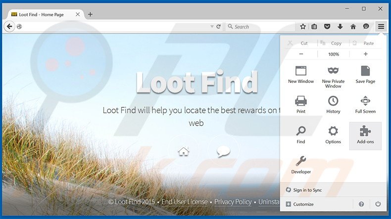 Verwijder de Loot Find advertenties uit Mozilla Firefox stap 1