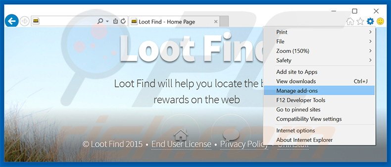 Verwijder Loot Find advertenties uit Internet Explorer stap 1