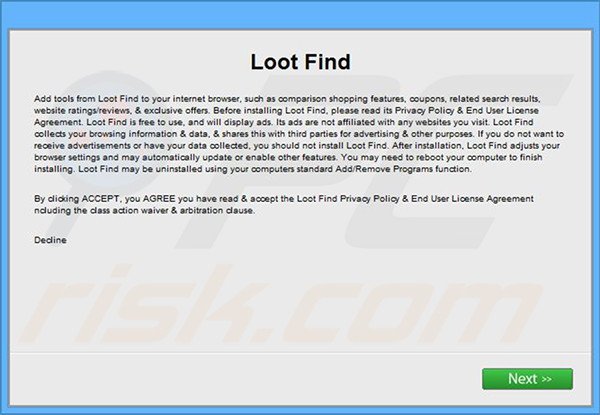 Officiële Loot Find adware installatieconfiguratie