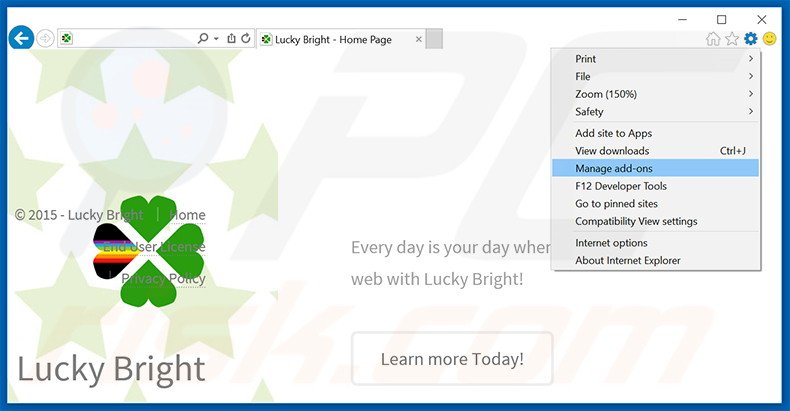 Verwijder de Lucky Bright advertenties uit Internet Explorer stap 1