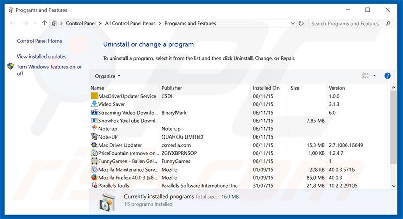 Lucky Bright adware verwijdering via het Controle Paneel