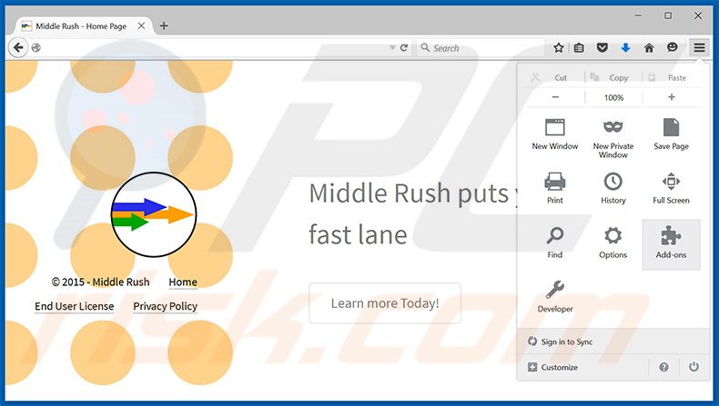 Verwijder de Middle Rush advertenties uit Mozilla Firefox stap 1