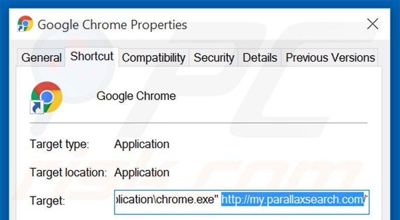 VERWIJDER my.parallaxsearch.com als doel van de Google Chrome snelkoppeling stap 2