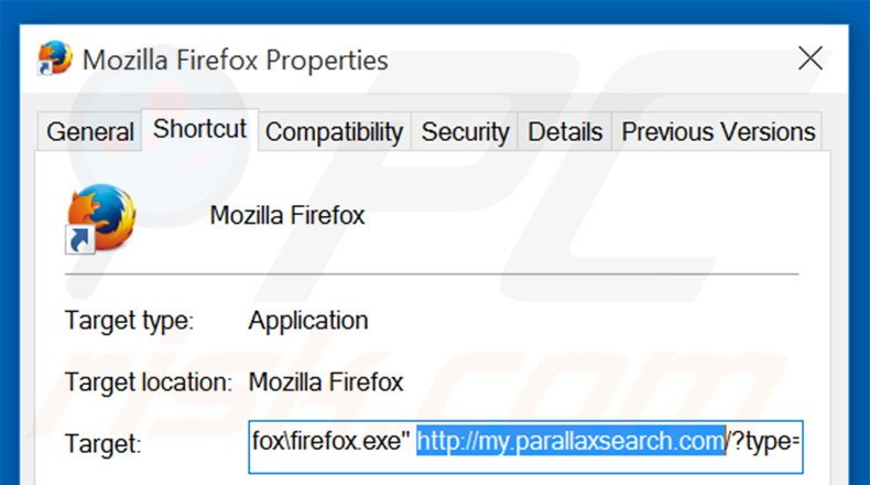 Verwijder my.parallaxsearch.com als doel van de Mozilla Firefox snelkoppeling stap 2