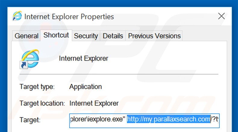 Verwijder my.parallaxsearch.com als doel van de Internet Explorer snelkoppeling stap 2