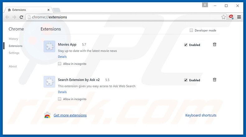 Verwijder aan mysearch.com gerelateerde Google Chrome extensies