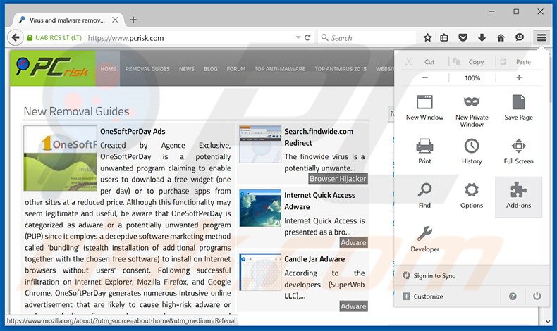 Verwijder de Olcinium Browser advertenties uit Mozilla Firefox stap 1