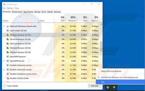 Eindig de taak van Olcinium Browser in de taakbalk