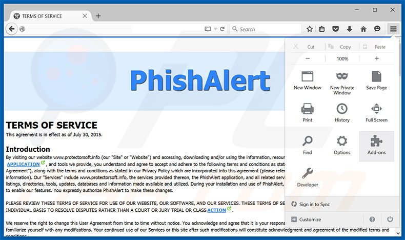 Verwijder de Phishalert advertenties uit Mozilla Firefox stap 1