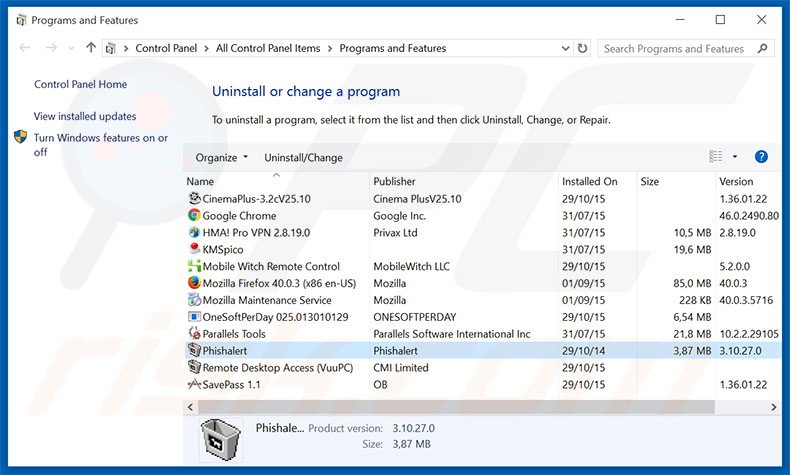 Phishalert adware verwijdering via het Controle Paneel