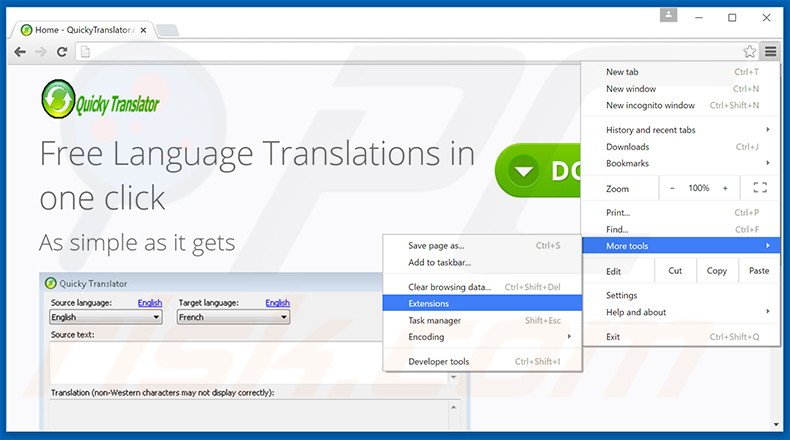 Verwijder de QuickyTranslator advertenties uit Google Chrome stap 1