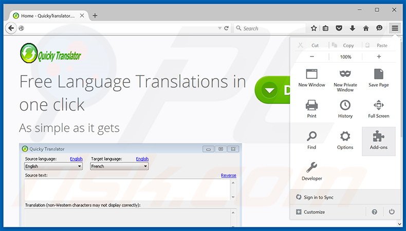 Verwijder de QuickyTranslator advertenties uit Mozilla Firefox stap 1