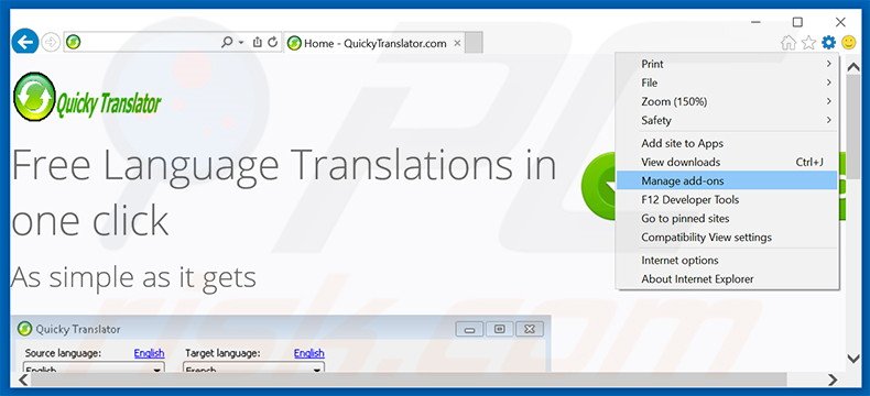 Verwijder de QuickyTranslator advertenties uit Internet Explorer stap 1