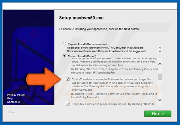 Misleidende gratis software installer die de QuickyTranslator adware verspreiden