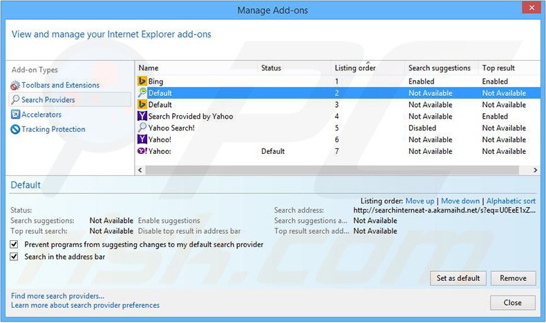 Verwijder searchinterneat-a.akamaihd.net als standaard zoekmachine in Internet Explorer