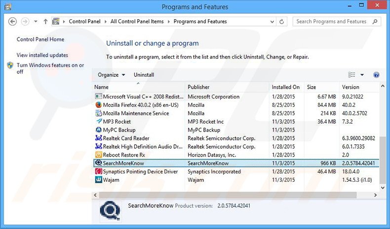 Search Know browser hijacker verwijdering via het Controle Paneel