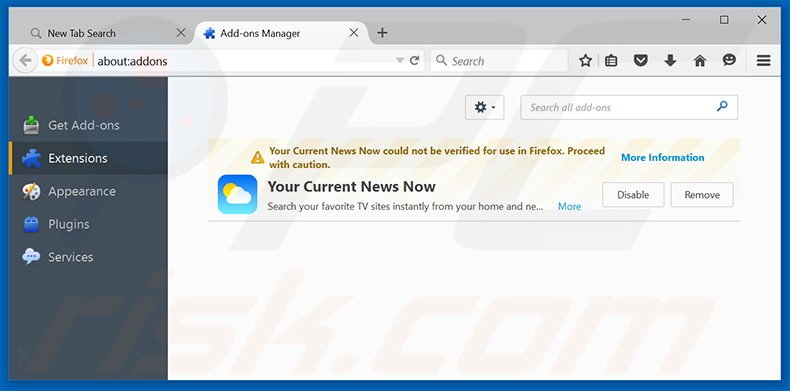 Verwijder search.yourcurrentnewsnow.com gerelateerde Mozilla Firefox extensies