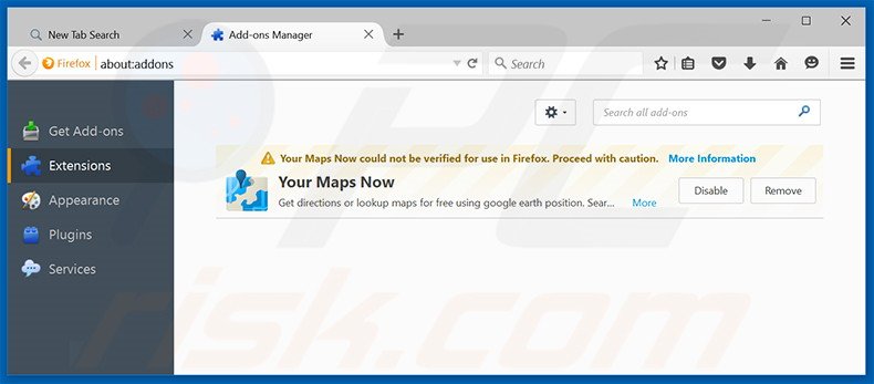 Verwidjer search.yourmapsnow.com gerelateerde Mozilla Firefox extensies