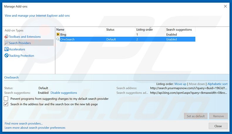 Verwijder search.yourmapsnow.com uit Internet Explorer standaard zoekmachine