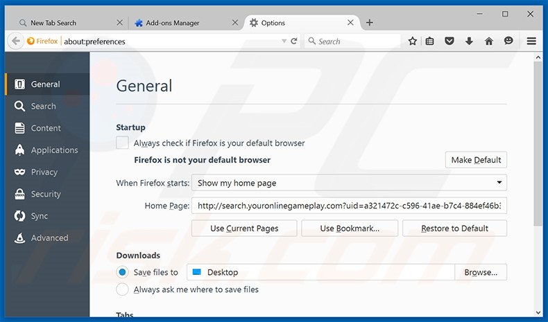 Verwijder search.youronlinegameplay.com als startpagina in Mozilla Firefox