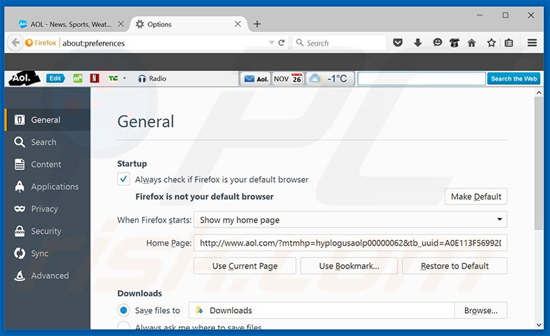 Verwijder search.aol.com als startpagina in Mozilla Firefox