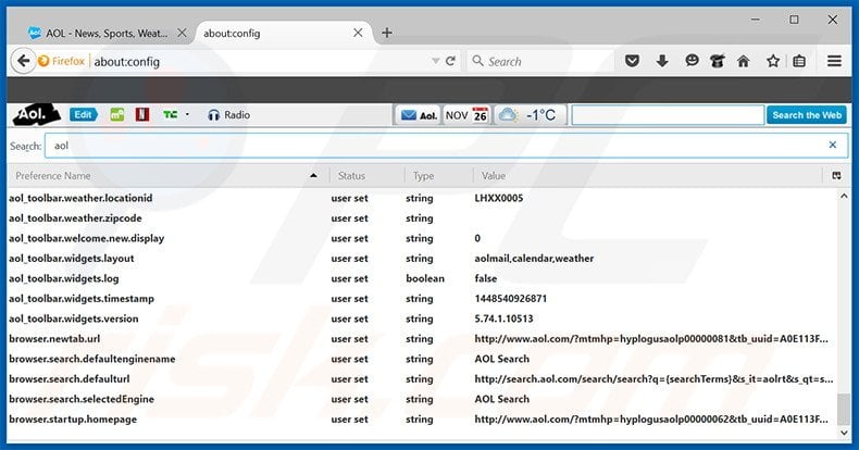 Verwijder search.aol.com als standaard zoekmachine in Mozilla Firefox