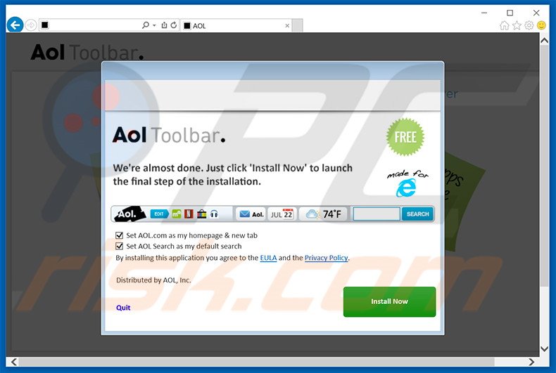 Website gebruikt om de AOL browser werkbalk te promoten