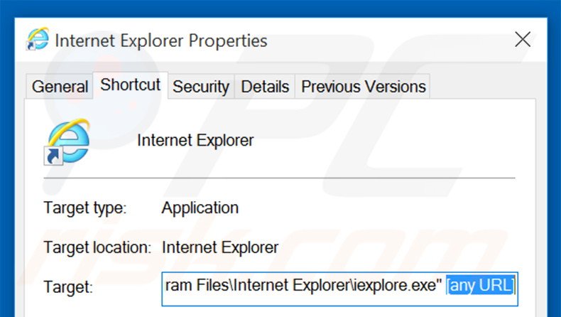 Verwijder bing.com als doel van de Internet Explorer snelkoppeling stap 2