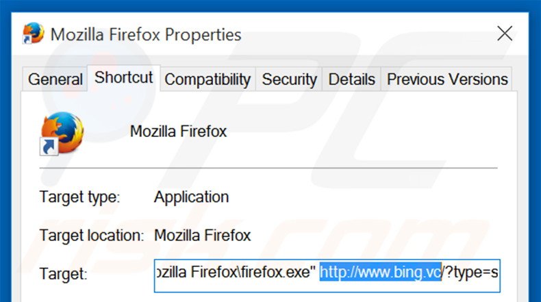 Verwijder bing.vc als doel van de Mozilla Firefox snelkoppeling stap 2