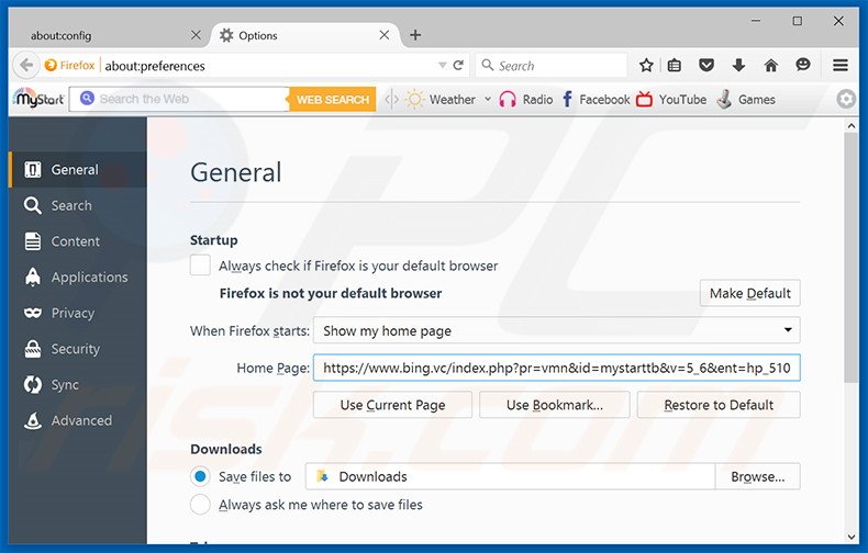 Verwijder bing.vc als startpagina in Mozilla Firefox