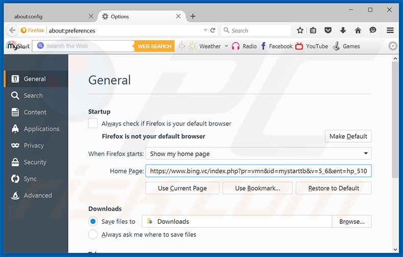 Verwijder bing.vc als startpagina in Mozilla Firefox